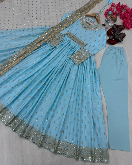 Flattering Sequence Work Sky Blue Color Gown