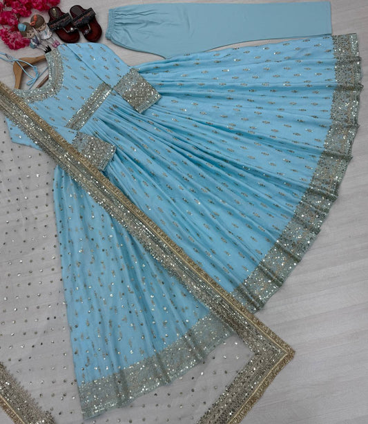 Flattering Sequence Work Sky Blue Color Gown