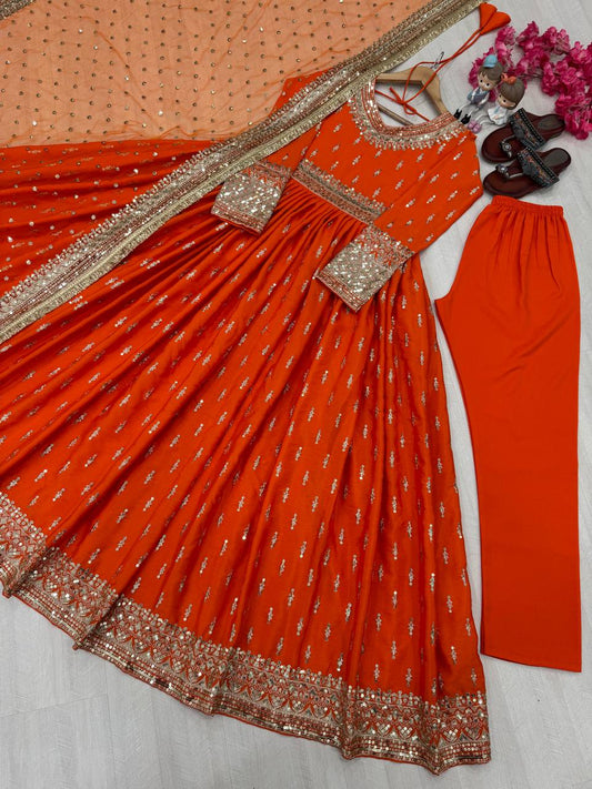 Flattering Sequence Work Orange Color Gown