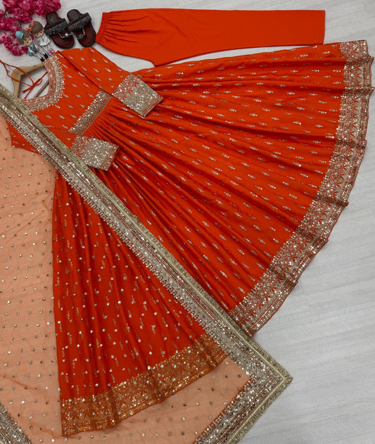 Flattering Sequence Work Orange Color Gown