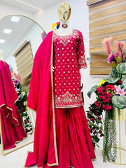 Delightful Pink Color Embroidery Work Sharara Suit Delightful Pink Color Embroidery Work Sharara Suit