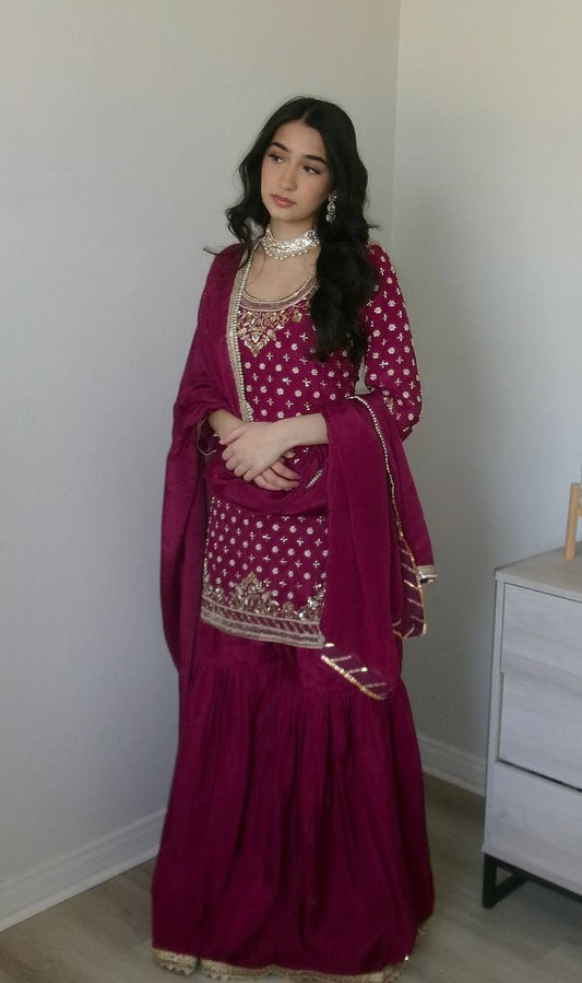 Delightful Pink Color Embroidery Work Sharara Suit