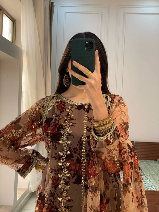 Brown Color Georgette Embroidery Work Palazzo Suit