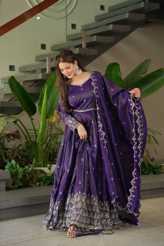 Purple Color Shining Shimmer Silk Designer Gown