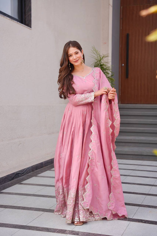 Pink Color Shining Shimmer Silk Designer Gown