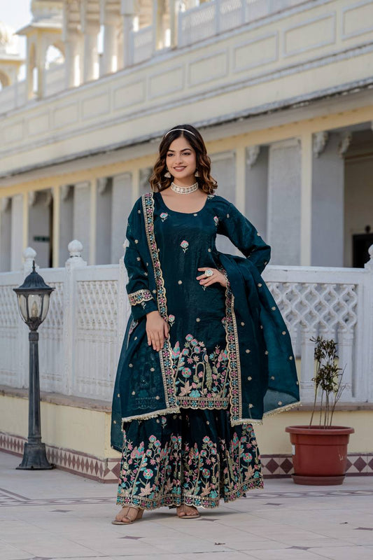 Teal Green Color Shining Gold Crush Palazzo Suit