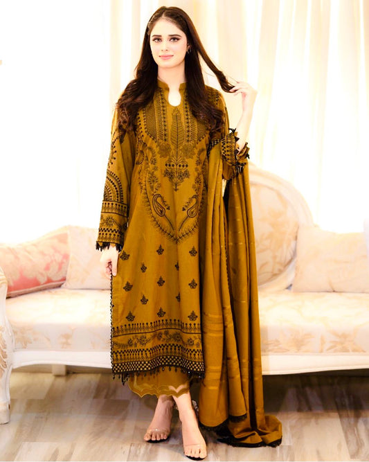 Heavy Faux Georgette Full Stitched Mustard Color Salwar Suit