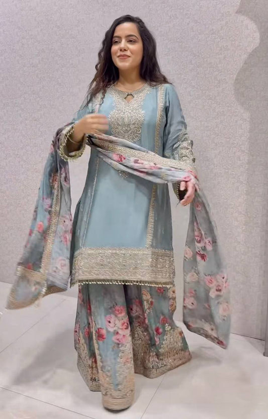 Embroidered Sky Blue Color Peaceful Palazzo Suit