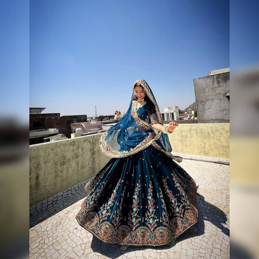 Teal Blue Rajasthani Thread With Sequence Lehenga Choli