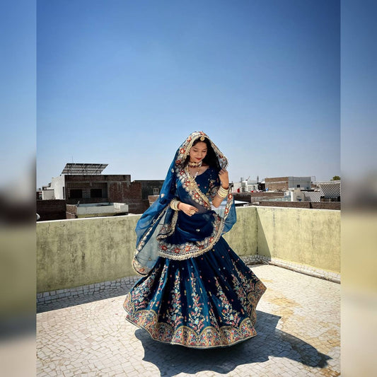 Teal Blue Rajasthani Thread With Sequence Lehenga Choli