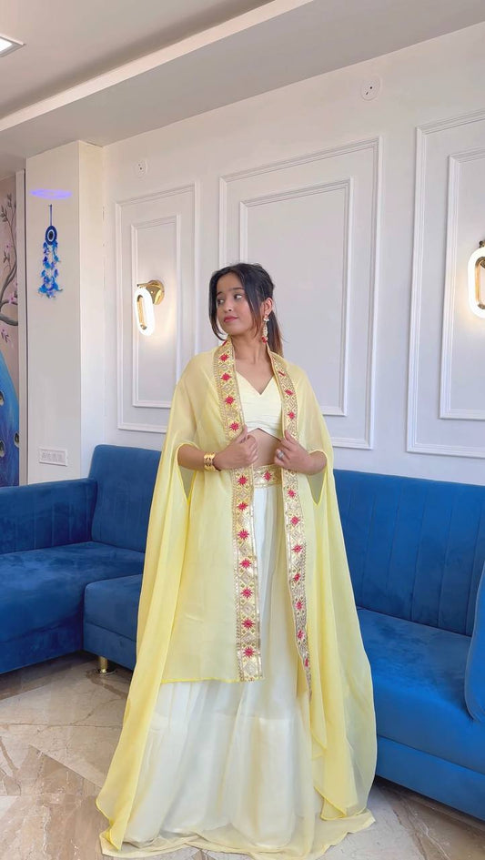 Yellow Color Plain Lehenga Choli With Work Koti