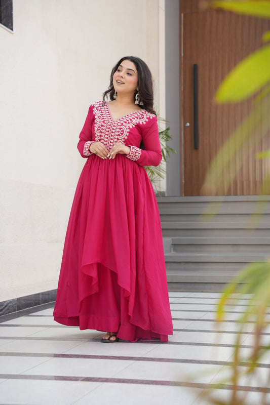 Stylish Pink Color Embroidery Work Long Gown