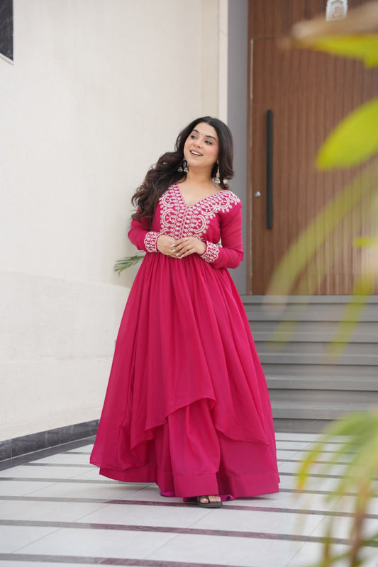 Stylish Pink Color Embroidery Work Long Gown