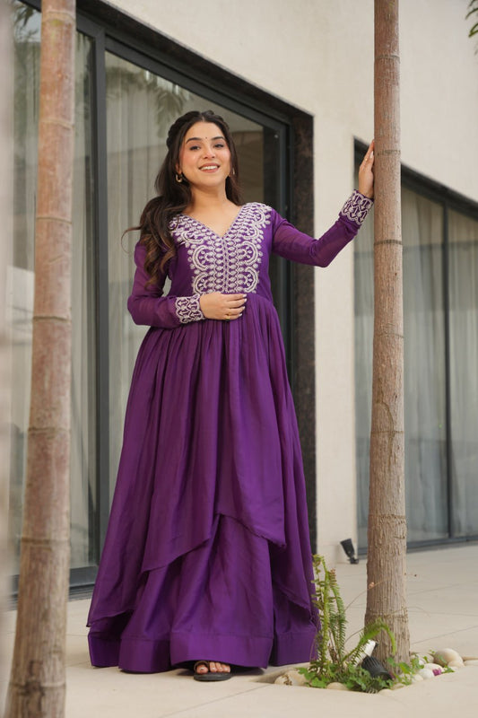 Stylish Purple Color Embroidery Work Long Gown