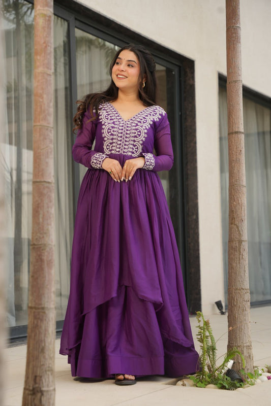 Stylish Purple Color Embroidery Work Long Gown