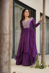 Stylish Purple Color Embroidery Work Long Gown Stylish Purple Color Embroidery Work Long Gown