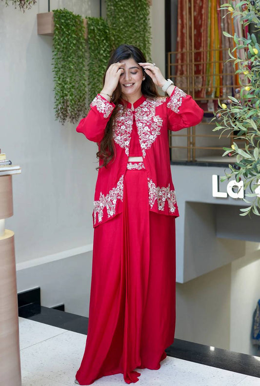 Gorgeous Red Color Fully Stitched Work Dhoti Suit With Koti