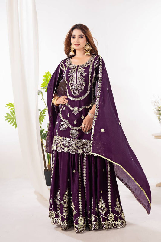 Heavy Embroidery Sequence Work Wine Sharara Suit