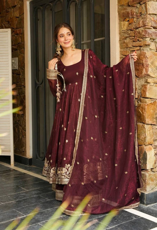 Marvelous Maroon Silk Sequence Work Gown