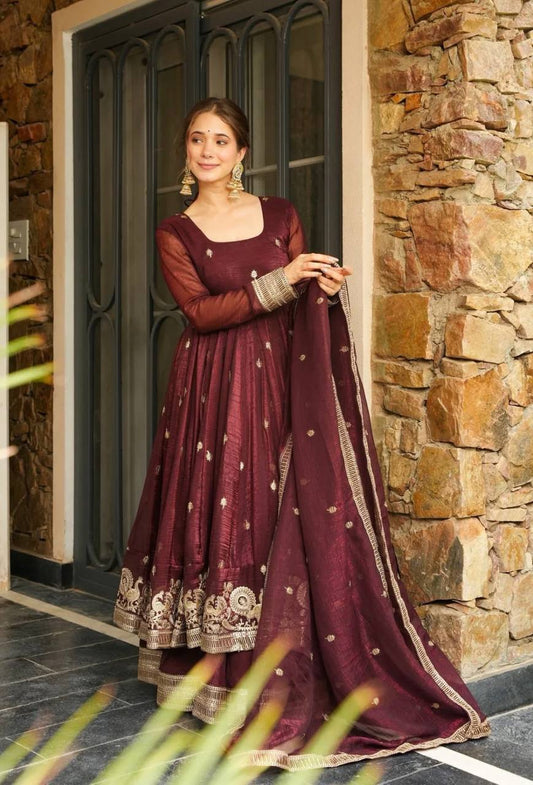 Marvelous Maroon Silk Sequence Work Gown