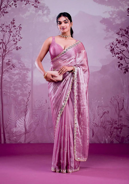 Mirror Work Lavender Color Party Wear Designer Saree