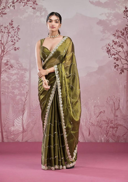 Mirror Work Mehndi Color Party Wear Designer Saree