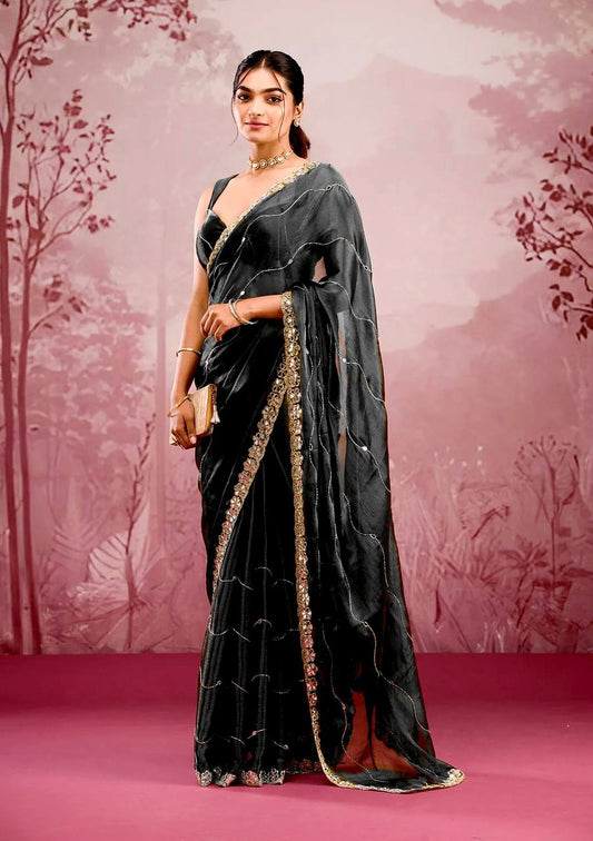 Mirror Work Black Color Party Wear Designer Saree