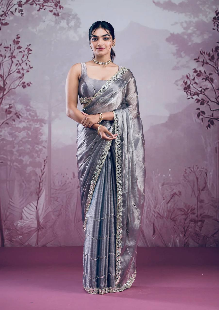 Mirror Work Gray Color Party Wear Designer Saree