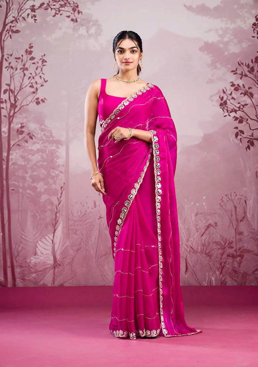 Mirror Work Pink Color Party Wear Designer Saree