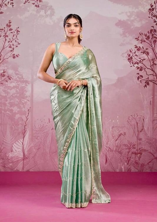 Mirror Work Pista Color Party Wear Designer Saree