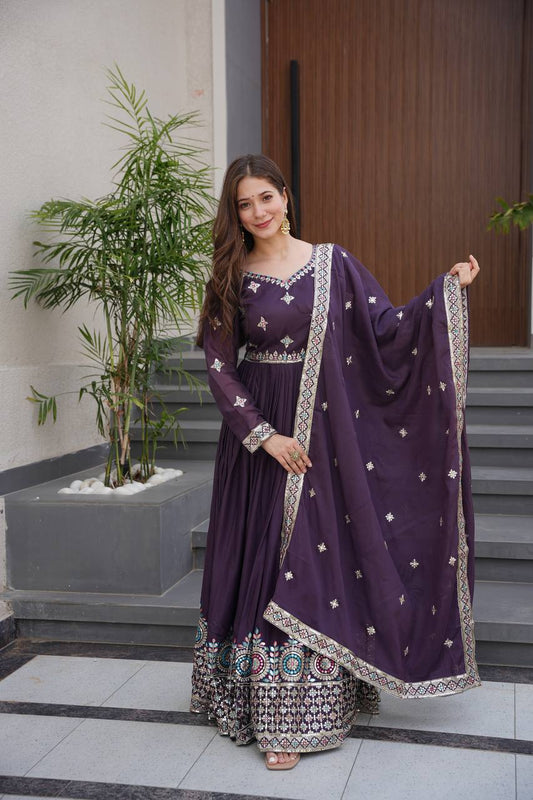 Alluring Purple Diamond Silk Embroidery Work Gown