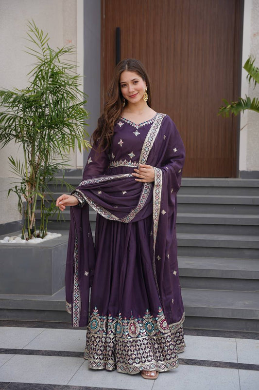 Alluring Purple Diamond Silk Embroidery Work Gown