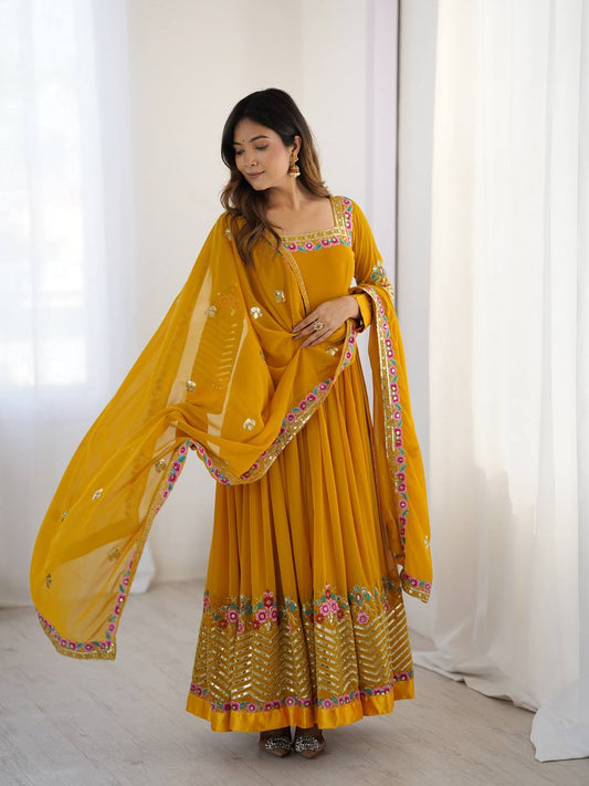 Festive Wear Embroidery Work Mustard Color Georgette Gown