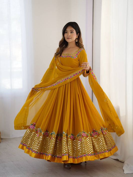 Festive Wear Embroidery Work Mustard Color Georgette Gown