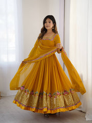 Festive Wear Embroidery Work Mustard Color Georgette Gown Festive Wear Embroidery Work Mustard Color Georgette Gown