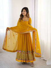 Festive Wear Embroidery Work Mustard Color Georgette Gown Festive Wear Embroidery Work Mustard Color Georgette Gown