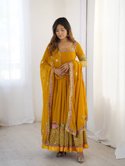 Festive Wear Embroidery Work Mustard Color Georgette Gown Festive Wear Embroidery Work Mustard Color Georgette Gown