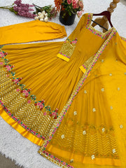 Festive Wear Embroidery Work Mustard Color Georgette Gown Festive Wear Embroidery Work Mustard Color Georgette Gown