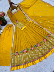 Festive Wear Embroidery Work Mustard Color Georgette Gown Festive Wear Embroidery Work Mustard Color Georgette Gown