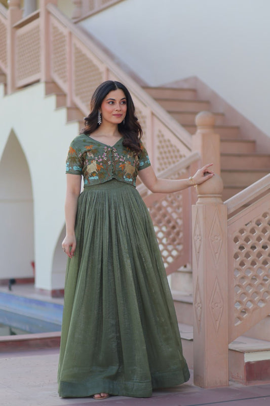 Wonderful Green Color Plain Gown With Work Koti