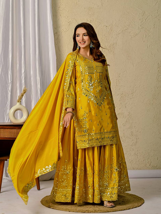 Sequence With Embroidery Work Mustard Color Sharara Suit