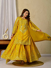 Sequence With Embroidery Work Mustard Color Sharara Suit Sequence With Embroidery Work Mustard Color Sharara Suit