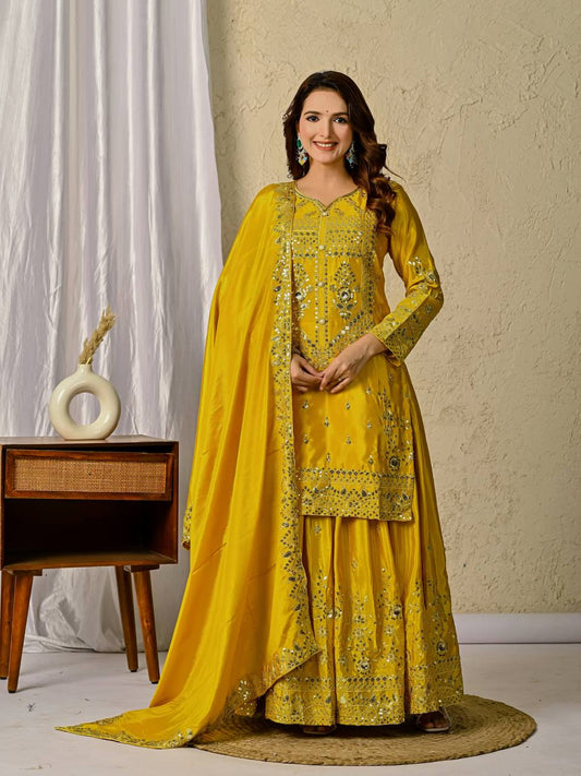 Sequence With Embroidery Work Mustard Color Sharara Suit