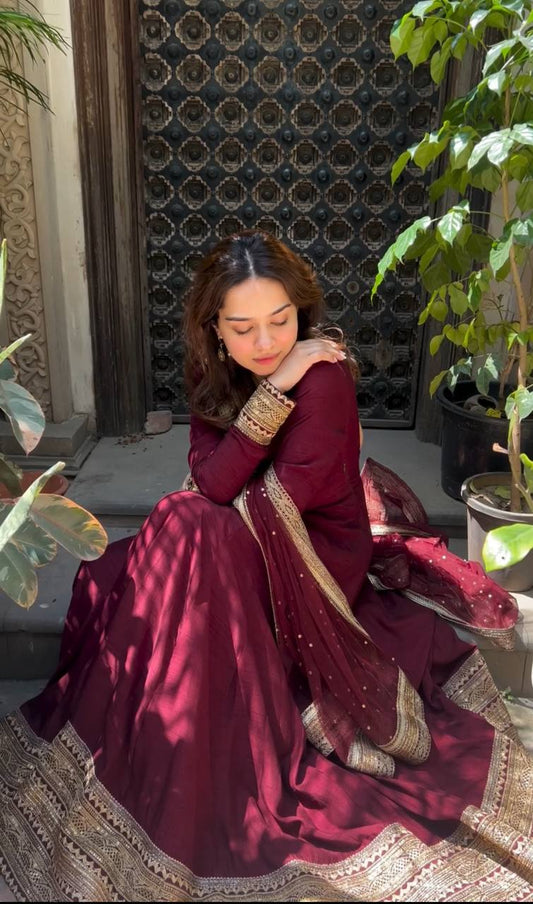Stylish Heavy Border Wine Color Stitched Gown