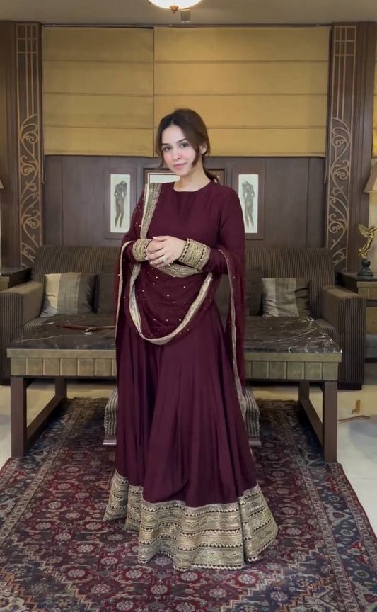 Stylish Heavy Border Wine Color Stitched Gown
