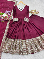 Stylish Heavy Border Wine Color Stitched Gown Stylish Heavy Border Wine Color Stitched Gown