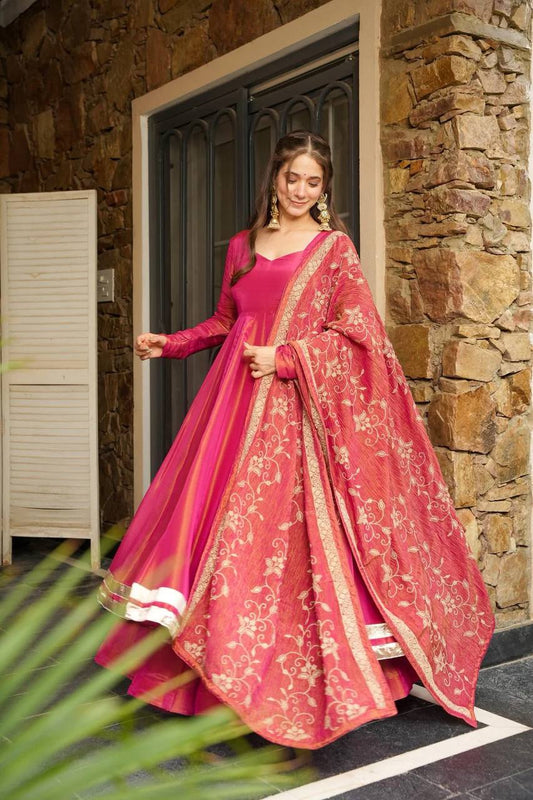 Pink Color Festive Wear Designer Gown With Work Dupatta