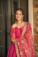 Pink Color Festive Wear Designer Gown With Work Dupatta Pink Color Festive Wear Designer Gown With Work Dupatta