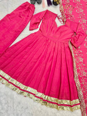 Pink Color Festive Wear Designer Gown With Work Dupatta Pink Color Festive Wear Designer Gown With Work Dupatta