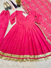 Pink Color Festive Wear Designer Gown With Work Dupatta Pink Color Festive Wear Designer Gown With Work Dupatta